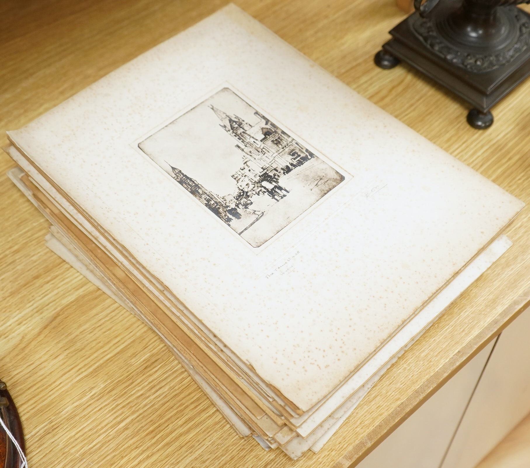 A large collection of various etchings, many signed in pencil, some local views, mounted, unframed